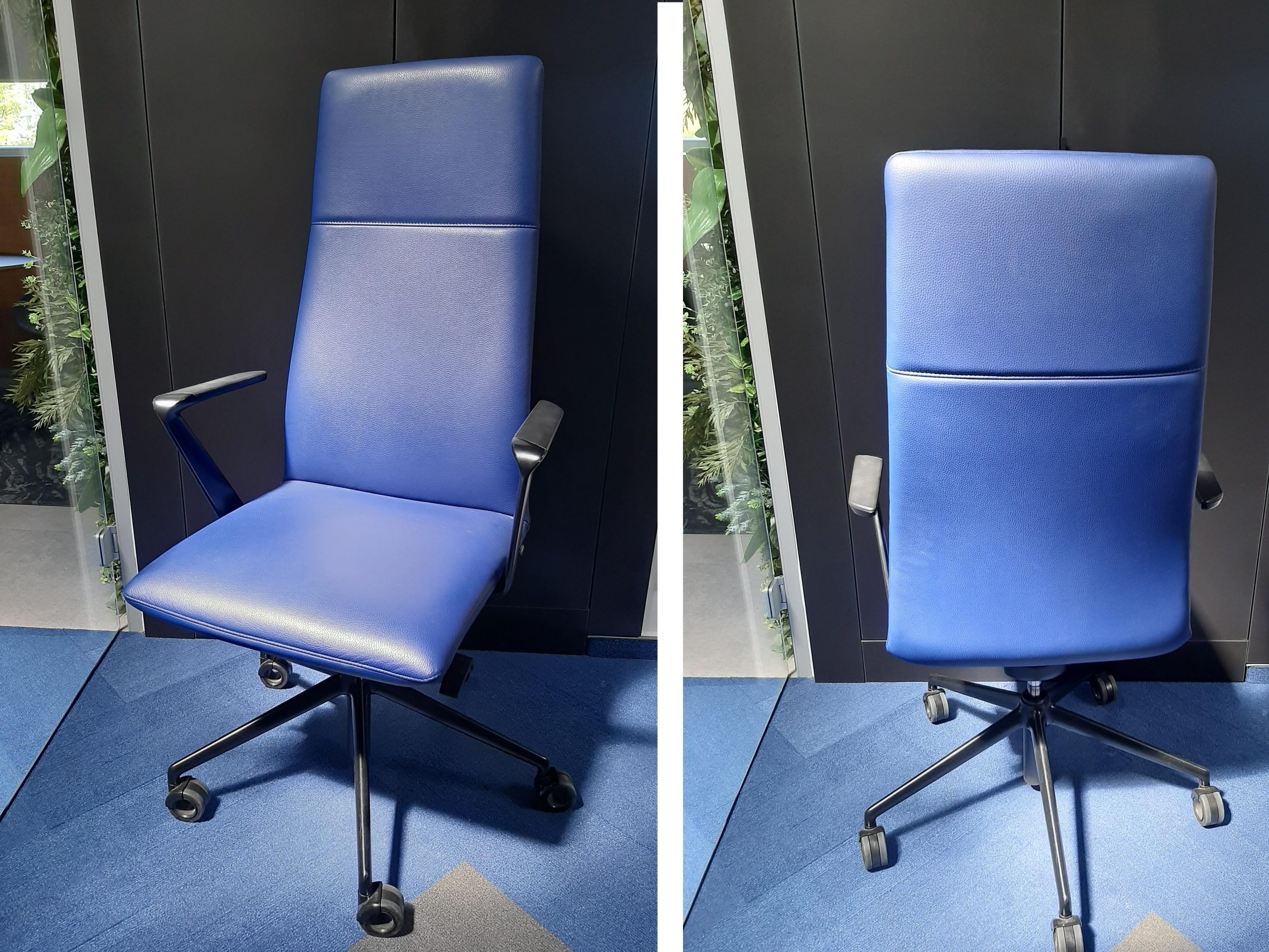 Nowoczesne niebieskie krzesło biurowe, kluczowy element ergonomicznego stanowiska pracy.